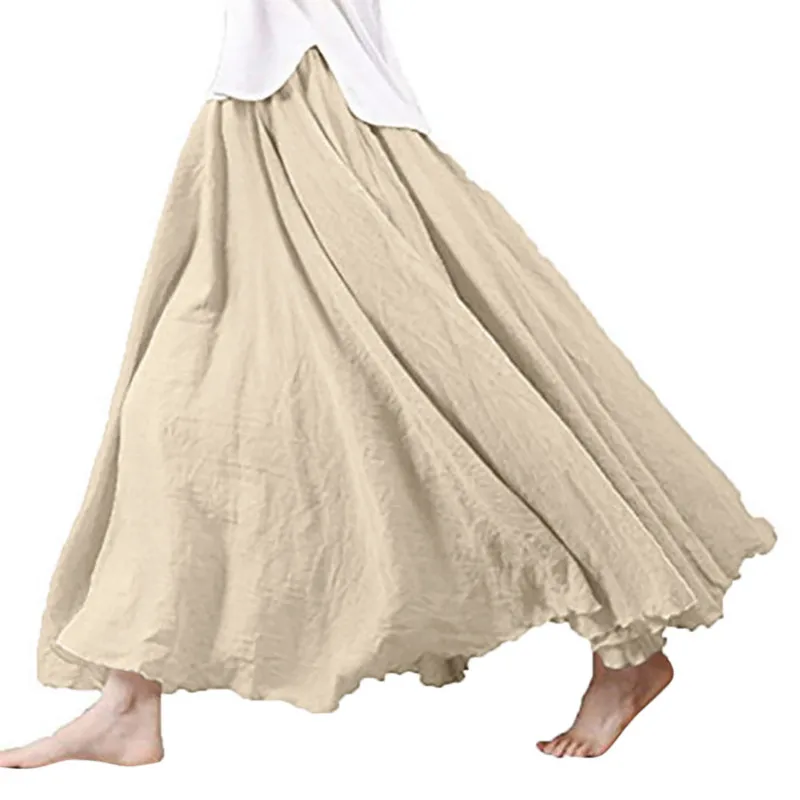 

2019 Fashion Women Cotton Linen Maxi Long Skirts Elastic Waist Pleated Maxi Skirts Beach Boho Vintage Summer Skirts