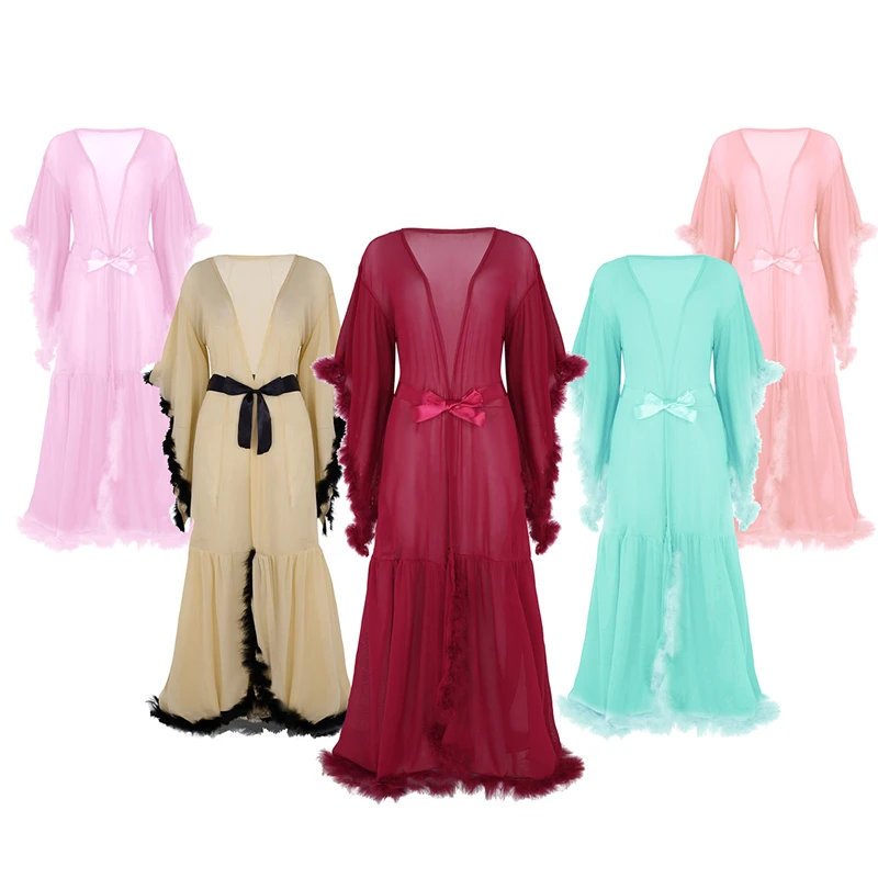 Sexy Ladies Lingerie Transparent Sleepwear Women Nightwear Babydoll Flare Sleeves Feather Wrap Robe See Through Long Bathrobe |