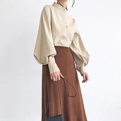 Винтажный воротник-стойка женские рубашки блузки Топы однобортные Свободная