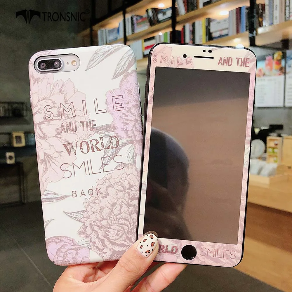smile Чехол для телефона TRONSNIC с цветочным рисунком для iPhone X XS MAX XR, синяя розовая пленка из закаленного стекла для iPhone 6, 6 S, 7, 8 Plus, Роскошный Жесткий матовый чехол - Цвет: smile