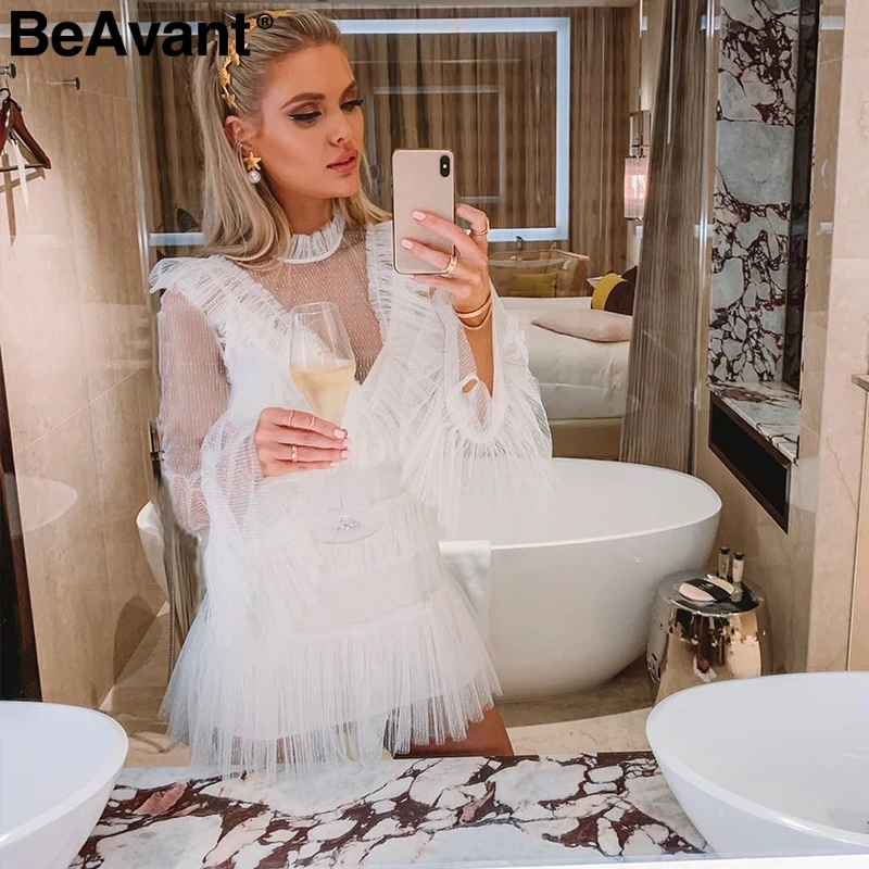 BeAvant, винтажное Сетчатое белое платье в горошек, женские летние платья с оборками и длинным рукавом, Женские Элегантные короткие платья для вечеринок vestidos