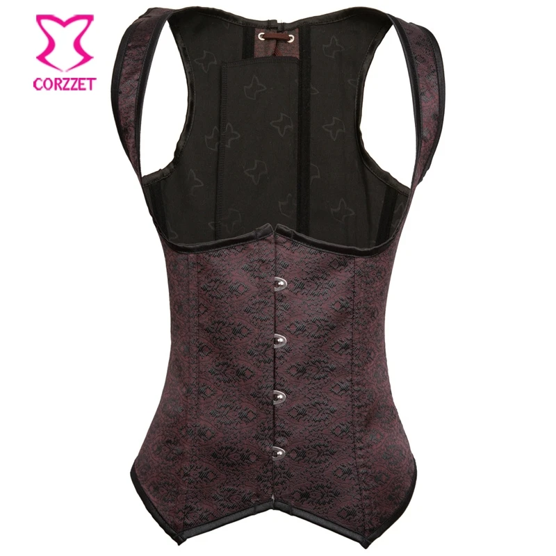 

Brown Brocade Steel Boned Steampunk Corset Vest Corselet Underbust Espartilhos E Corpetes Waist Slimming Corsets and Bustiers
