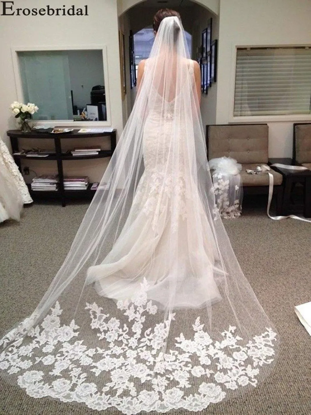 Женская Фата с кружевной каймой Erosebridal белая Длинная фата кромкой свадебный