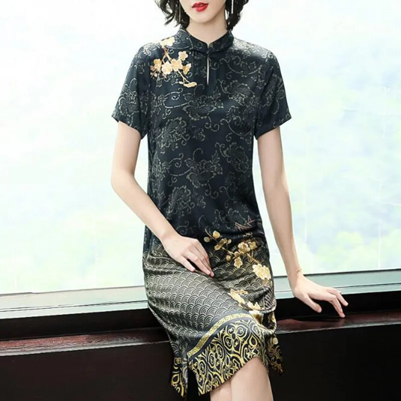Mulberry Silk Dress Women 2019 Summer New Your Waist Cover Belly Improved Cheongsam Temperament Vestido Plus Size 5XL | Женская одежда