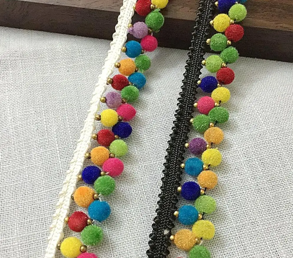 3Yard White/Black Colorful Pompoms Beaded Lace Fabric Trim Ribbon For Apparel Sewing DIY Collar Doll Cap Hair clip | Дом и сад