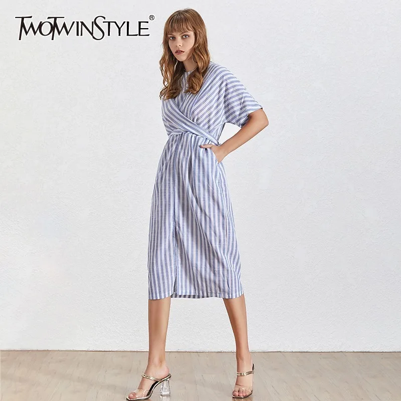 Платье миди в полоску TWOTWINSTYLE повседневное летнее платье с круглым вырезом