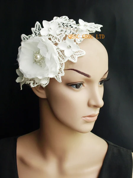 Вуалетка цвета слоновой кости с бусинами и жемчугом шелковая Цветочная