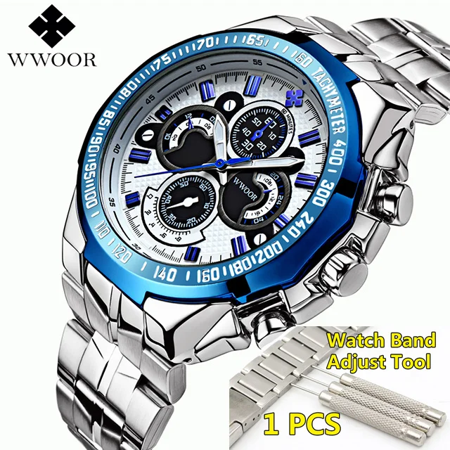 silver blue Мужские часы, мужские часы от ведущего бренда, роскошные часы WWOOR из нержавеющей стали, мужские военные наручные часы с большим циферблатом для мужчин s - Цвет: silver blue