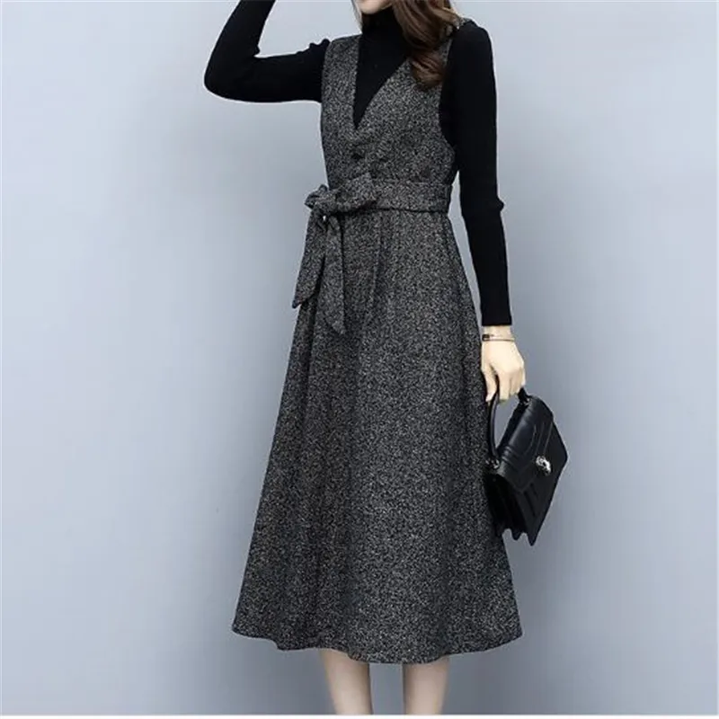 Female plus size suit 2019 spring autumn new retro strap dress + Knitted tops 2-piece fashion casual women clothing with belt |