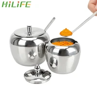 hilife with lid and spoon condiment pot tableware spice container seasoning jar stainless steel apple sugar bowl