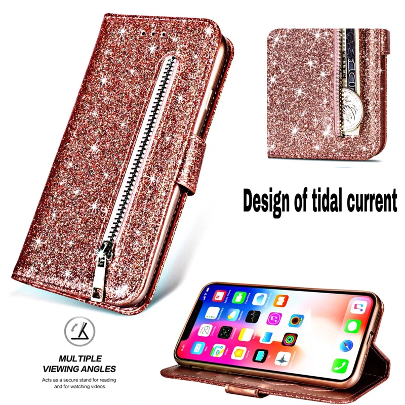 Rose Gold Чехол для iPhone 7 XS Max кошелек на молнии чехол для iPhone X XR блестящий чехол из искусственной кожи для iPhone 6 6s 7 8 Plus 11 Pro Max чехол s - Цвет: Rose Gold