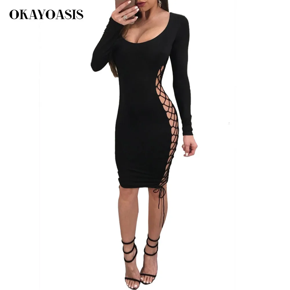 OKAYOASIS Drop Shipping 2018 Women New Lace Up Bandage Dress Long Sleeve Sexy Hollow Out Autumn Club | Женская одежда