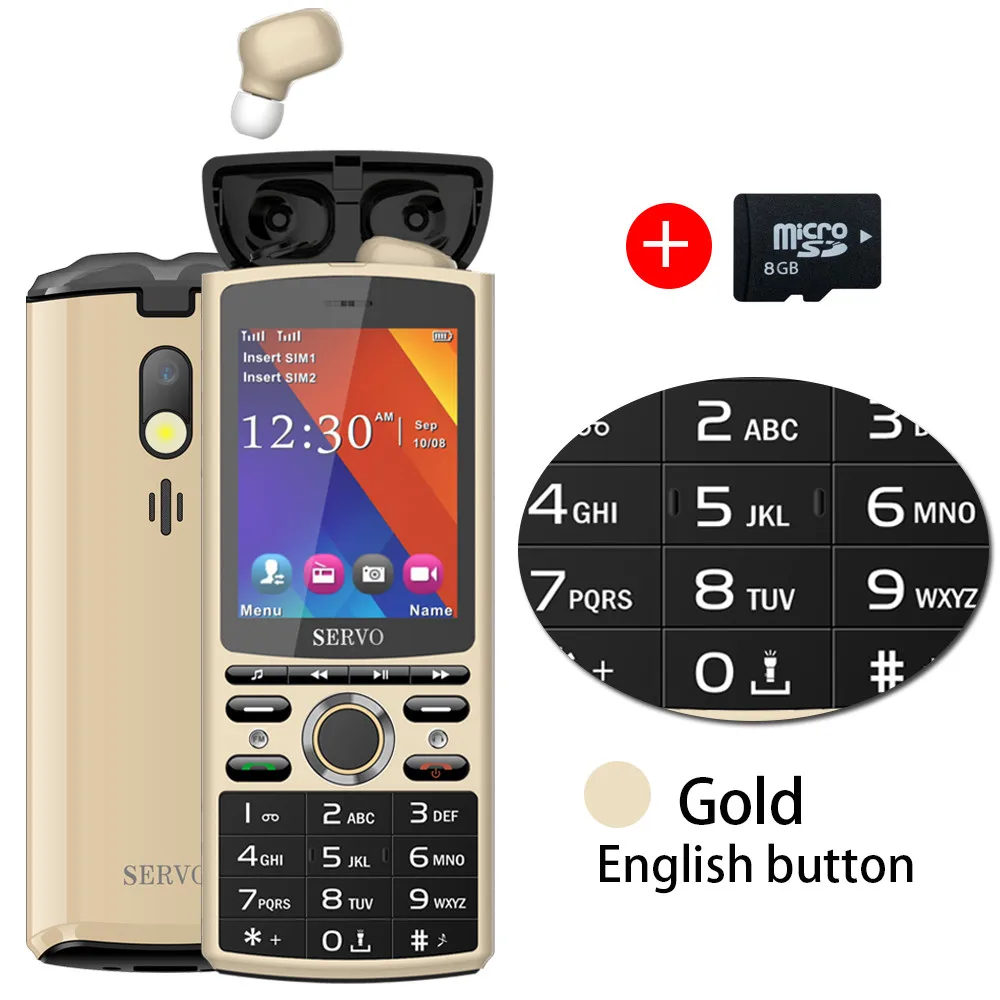 Gold English 8GB TF SERVO R25 Мобильный телефон 2," две sim-карты с Bluetooth 5,0 TWS беспроводные наушники 6000 мАч банк питания GSM WCDMA GPRS мобильный телефон - Цвет: Gold English 8GB TF
