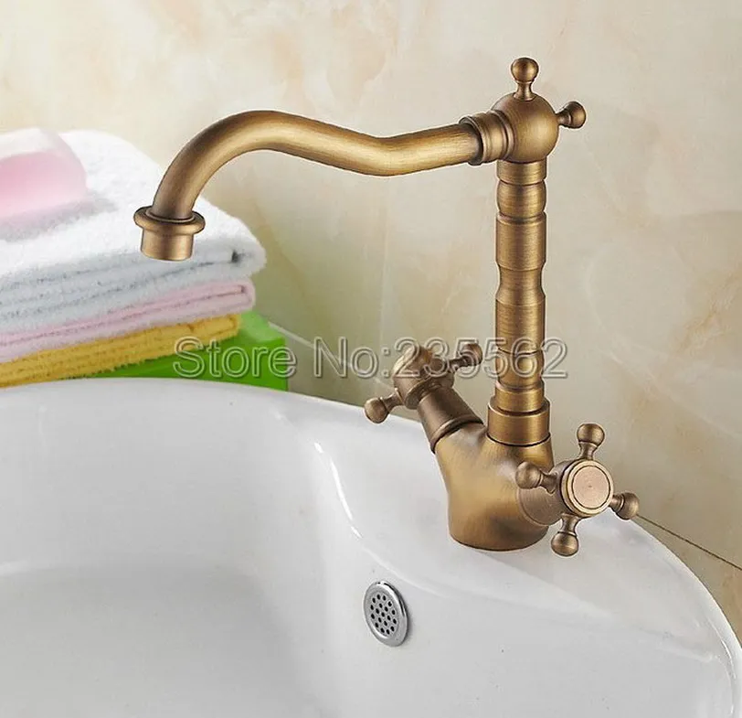 

Basin Faucets Antique Brass Bathroom Sink Faucet 360 Degree Swivel Spout Double Cross Handle Bath kitchen Mixer Taps lnf078