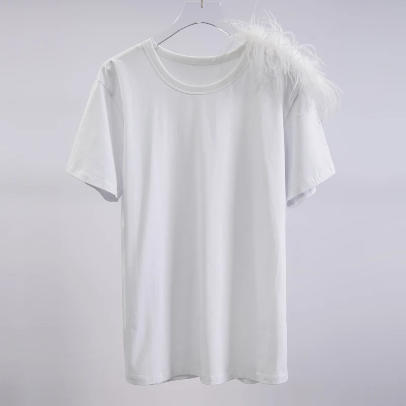 Women Summer 2019 Tshirt Casual Short Sleeve Feather Tops Tees Black T-Shirt O-neck Loose Plus Size Shirts |