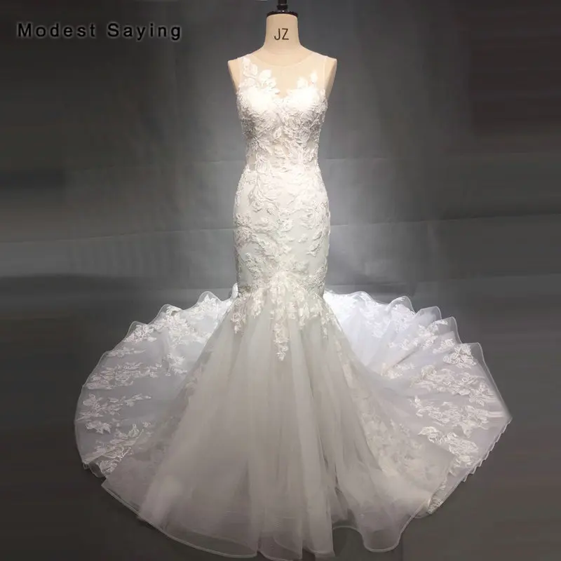 

Elegant Sheer Ivory Mermaid Embroidery Applique Lace Wedding Dresses 2018 Illusion Neck Formal Bridal Gowns vestido de noiva