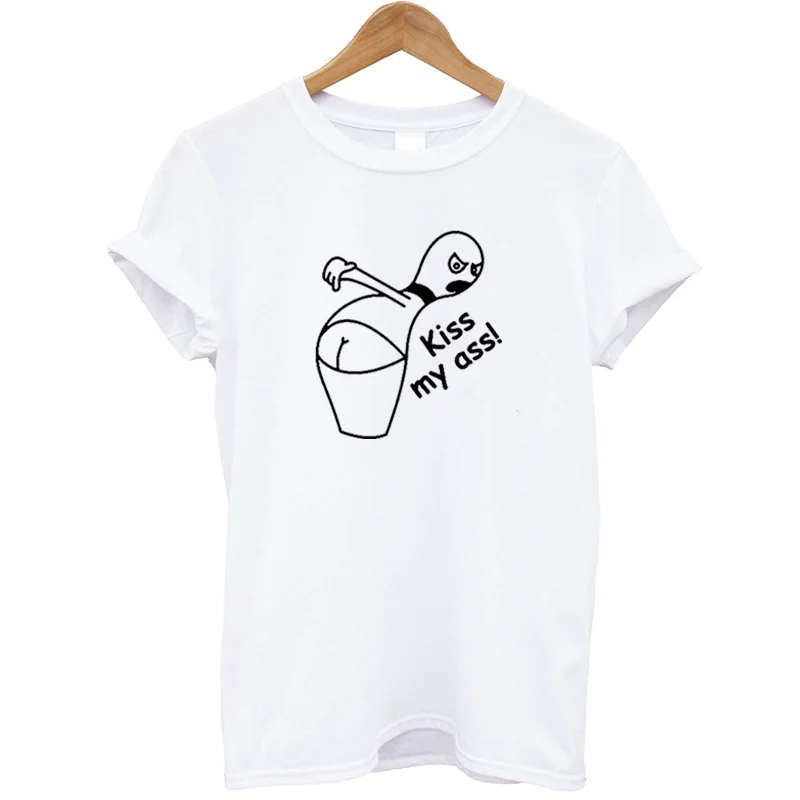 Женская футболка с принтом Kiss My Ass хлопковая коротким рукавом и круглым вырезом