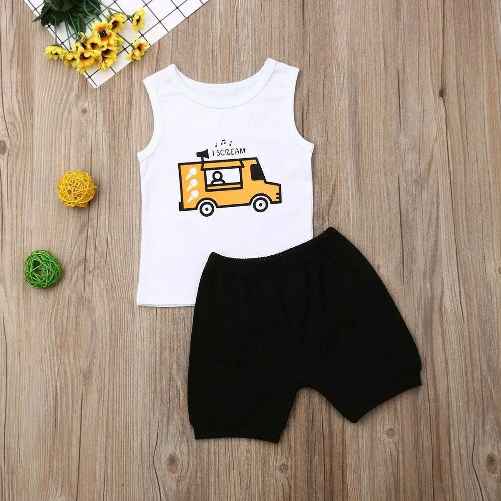 2Pcs Toddler Summer 2019 Kid Boys Clothes Letter Printed Vest Top+Black Shorts Outfits Kids Clothing For Sets |