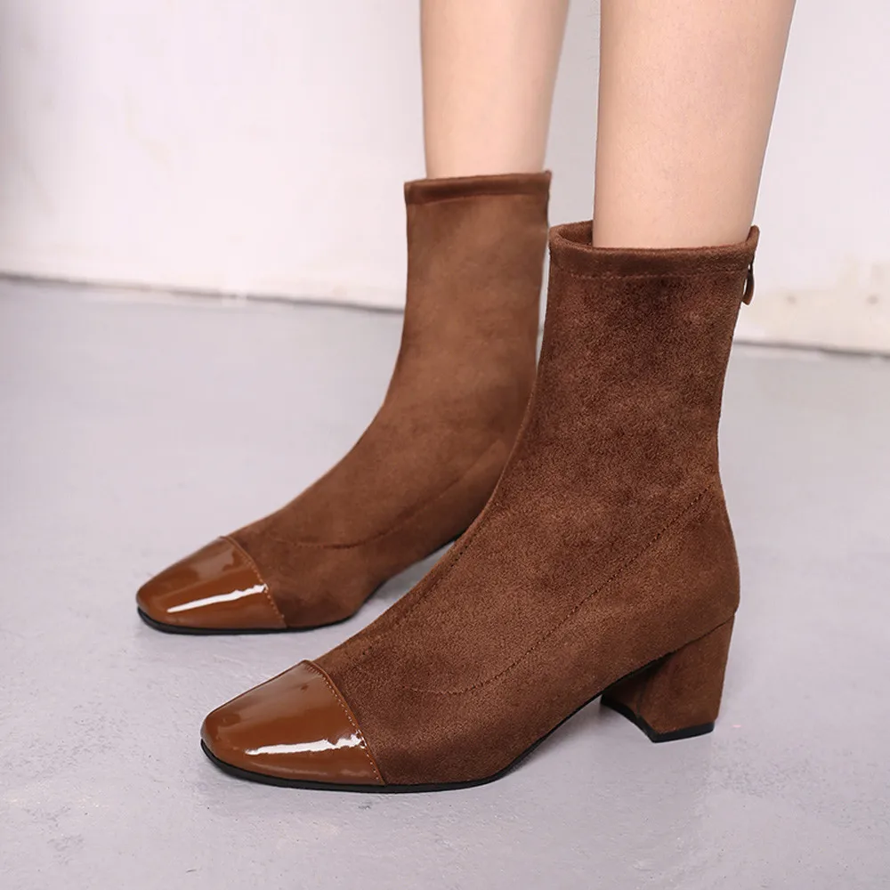 Женские ботинки на квадратном каблуке замшевые молнии женские из искусственной