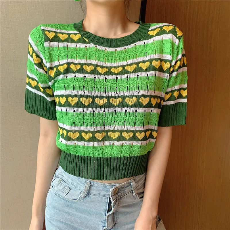 New Women Striped Short Sleeve Green Sweaters Shirts O-Neck Cropped Thin Hollow Out Sweater Pullover Crop Top For Female