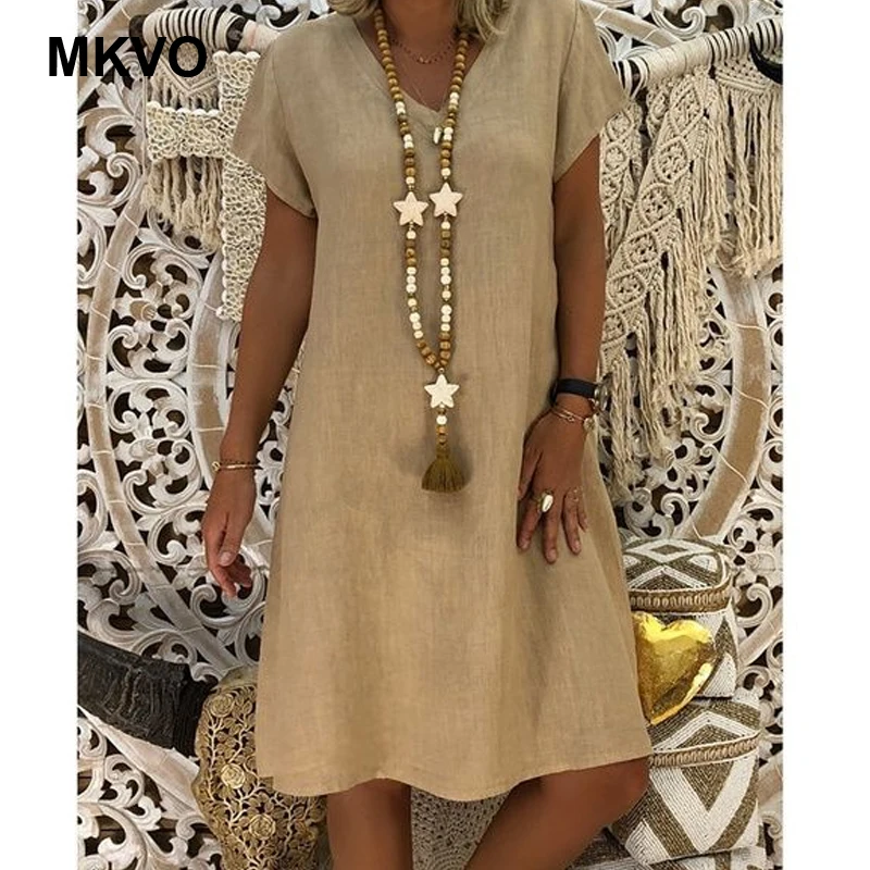 Женское летнее платье из хлопка и льна с v-образным вечерние вырезом коротким