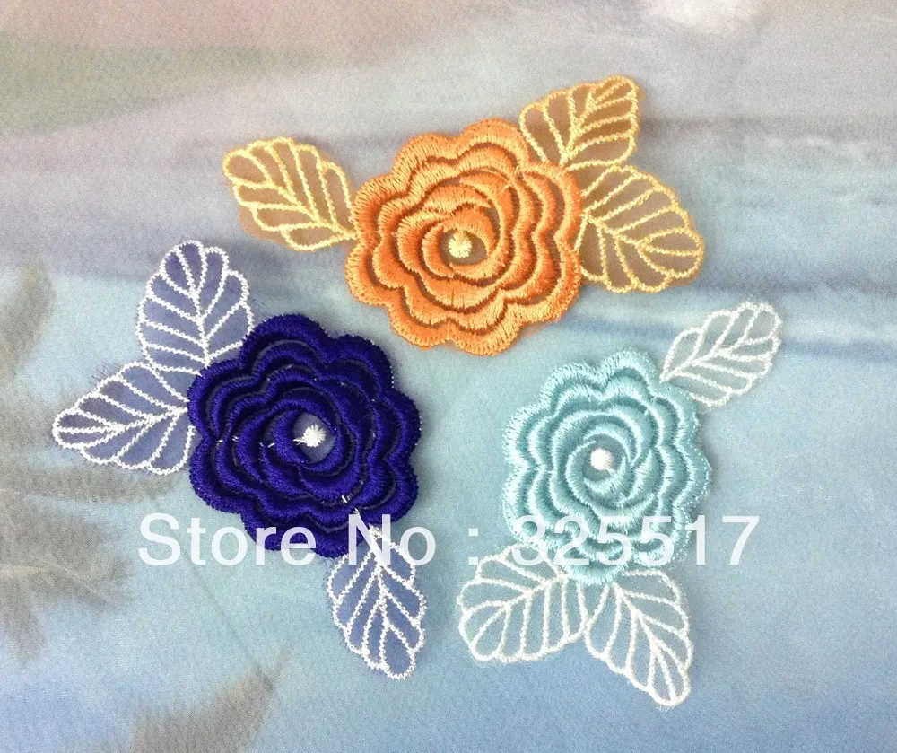 

Free shipping high quality elegant water soluble embroidery 4.5*9.5cm rose applique,3 Colors embroidery lace rose,flower patches