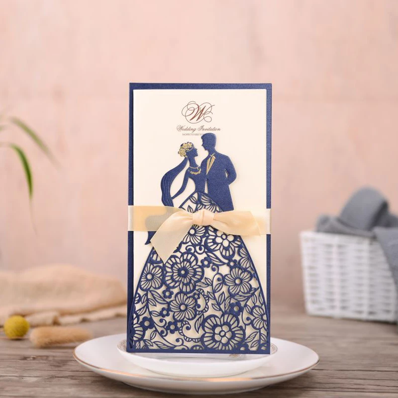 50pcs Laser Cut Wedding Invitations Card Bride And Groom Print Greeting Cards With Ribbon Decoration Party Supplies | Дом и сад