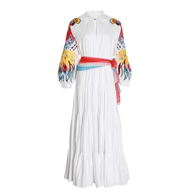 white TWOTWINSTYLE элегантное лоскутное женское платье с вышивкой и круглым вырезом, рукав-фонарик, высокая талия, с поясом, длинные платья, женские летние - Цвет: white