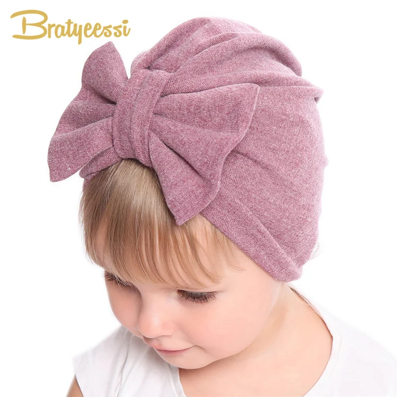 New Winter Baby Hat for Girls Big Bow Autumn Turban Cap Photography Props Infant Beanie Girl Accessories 12 Colors | Детская одежда и