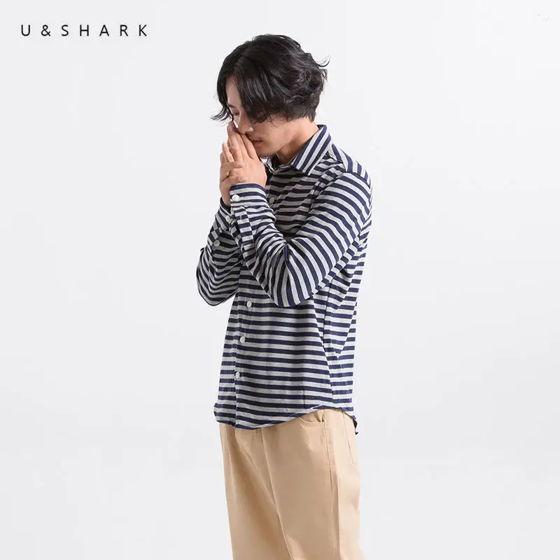 U &amp SHARK синяя рубашка в полоску для мужчин с длинным рукавом Япония Стиль
