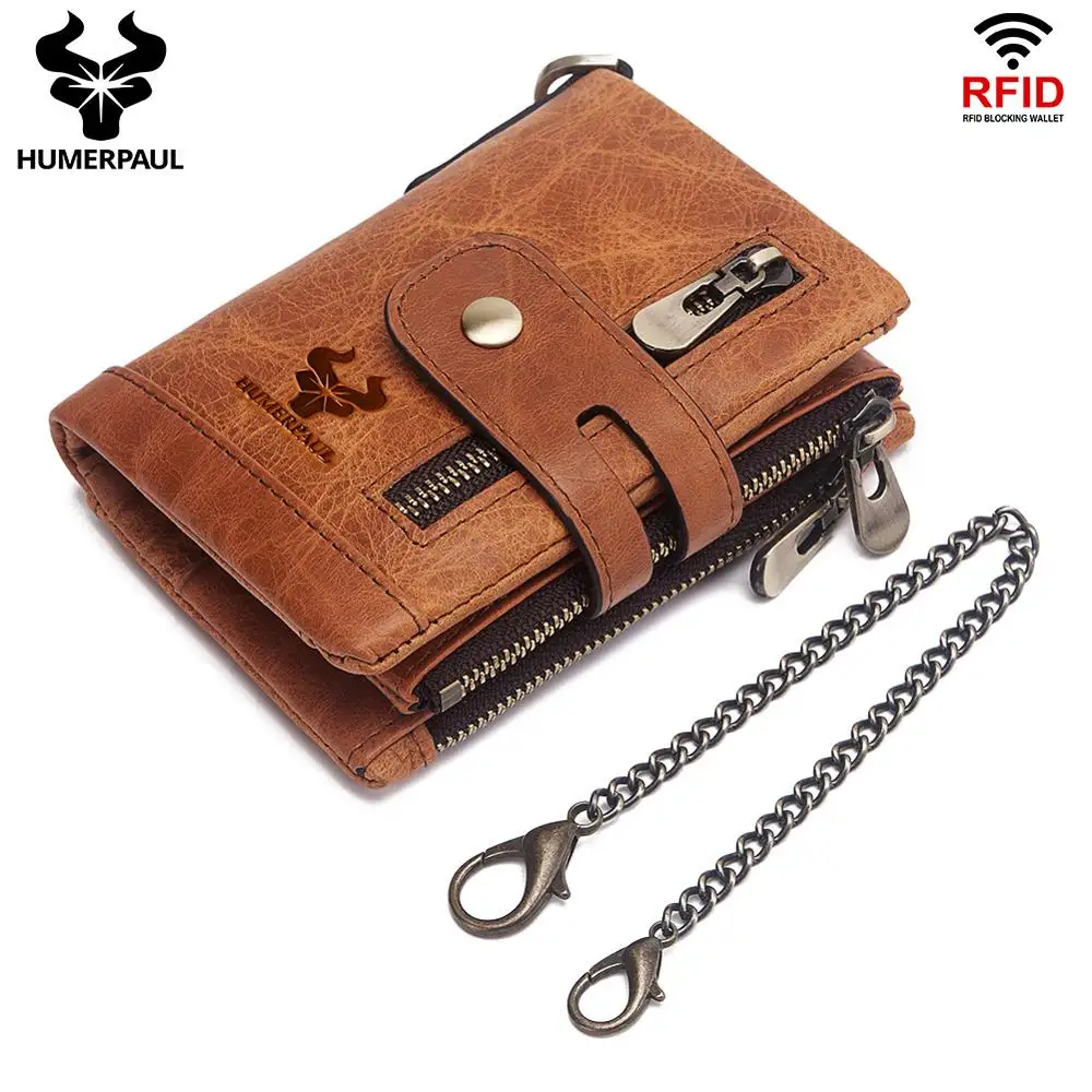 Головка Слои из коровьей кожи для мужчин Высокое качество RFID Бумажник с цепочкой