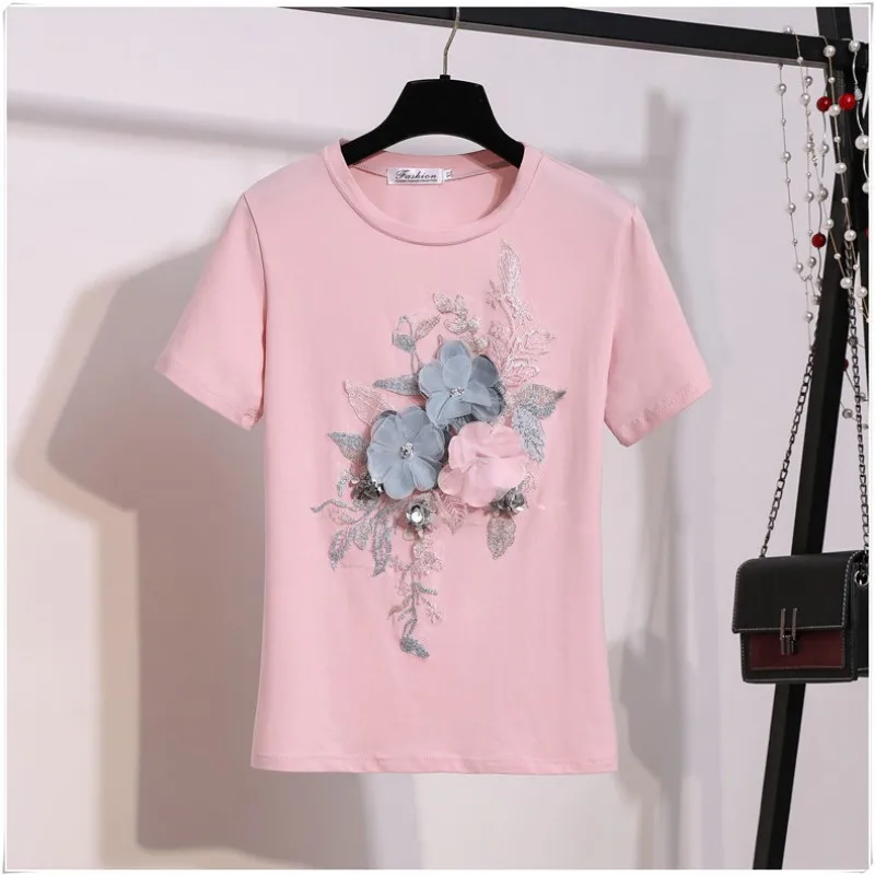 pink Новинка, Подиумные Летние Стильные Модные Топы И Футболки с коротким рукавом и вышитыми 3D цветами, Женская белая и розовая футболка - Цвет: pink