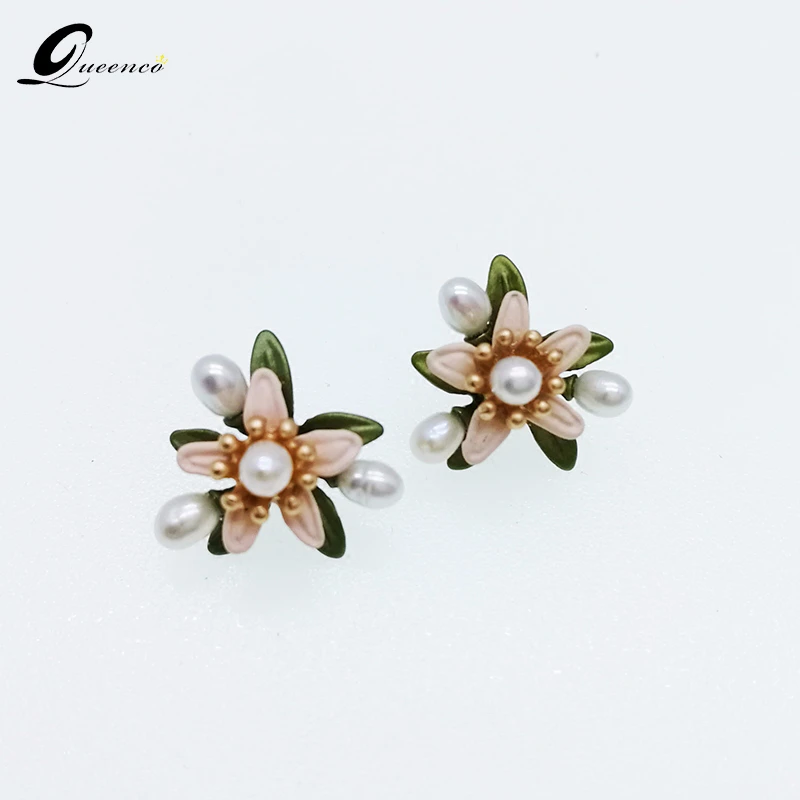 

High-end Natural Freshwater Pearl Earrings Orange Flower Stud Earring Green Leaves Retro Earrings For Women