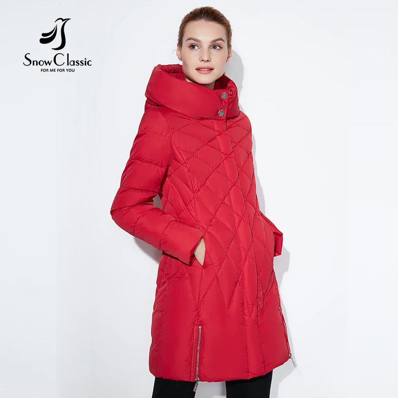 Snowclassic Женская зимняя куртка Тонкий Короткая парка капюшоном пальто Роскошные верхняя одежда Аргайл Однотонная курточка женские ботфорты зимние куртки