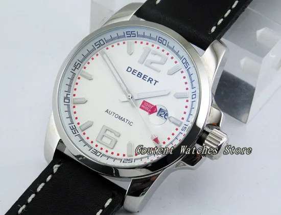 44 мм deber Date Silver SS. Оправа белый циферблат Автоматические Мужские t мужские часы |