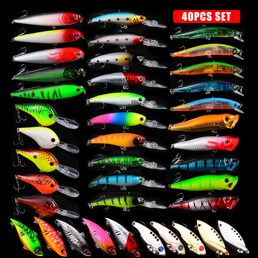 2018 40pcs/lot Popper fishing Lure Mix Size Artificial Bait Lures Minnow VIB For Spinning Telescopic Fishing Set | Спорт и