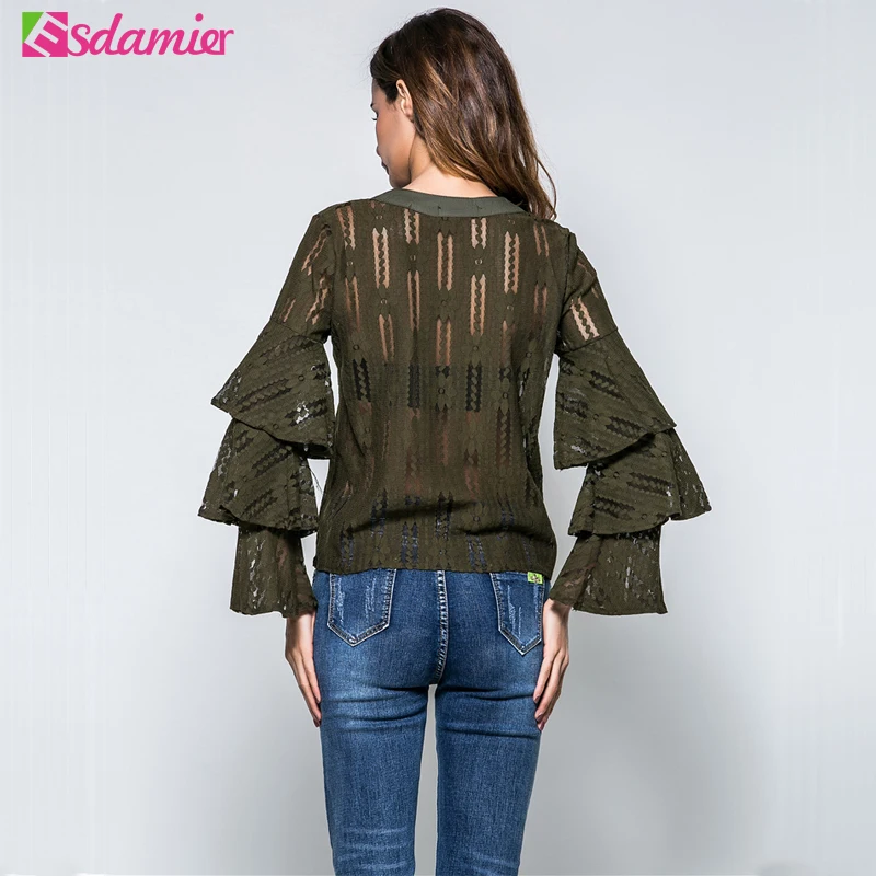 Новые модные кружевные рубашки с рюшами женские зеленые черные белые