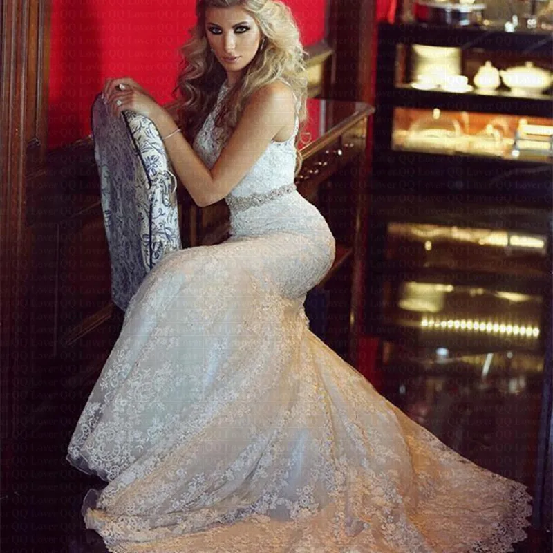 

2019 Sexy Stunning Arabic Mermaid Lace Wedding Dress Sheer Back Bridal Wedding Gowns