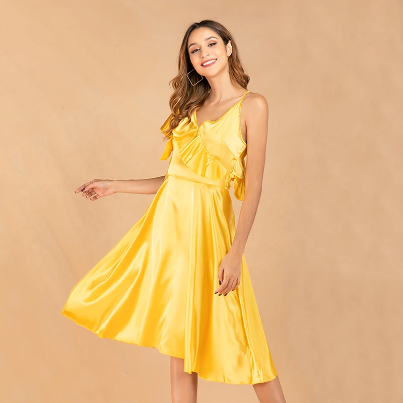 2019 женское платье миди с оборками желтый подиум пляжная мода повседневное летнее