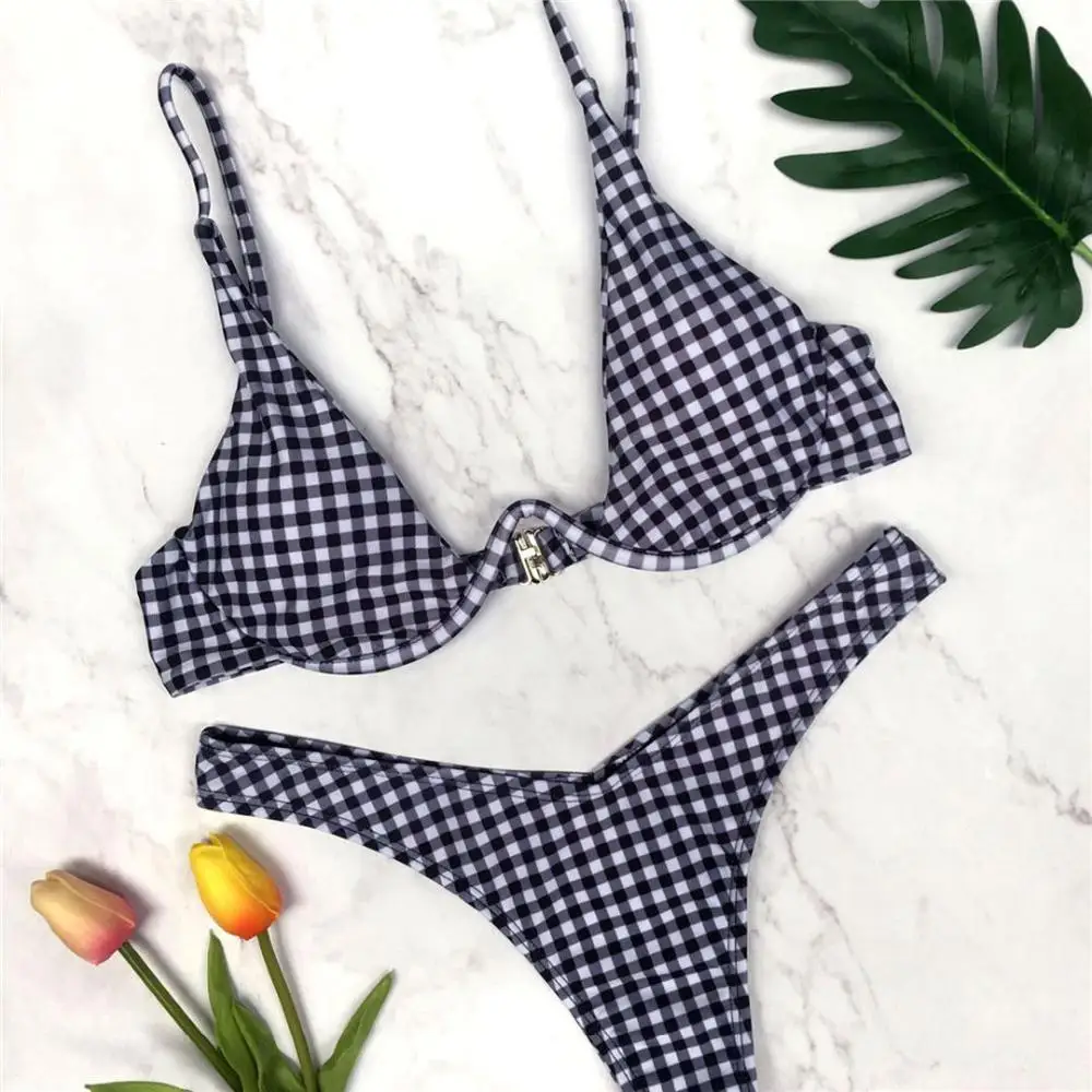 V-bar, на косточках, бикини, сексуальный, V Форма, провод, комплект бикини, две части, купальник для женщин, купальник для женщин, купальник, K439 - Цвет: Black Grid