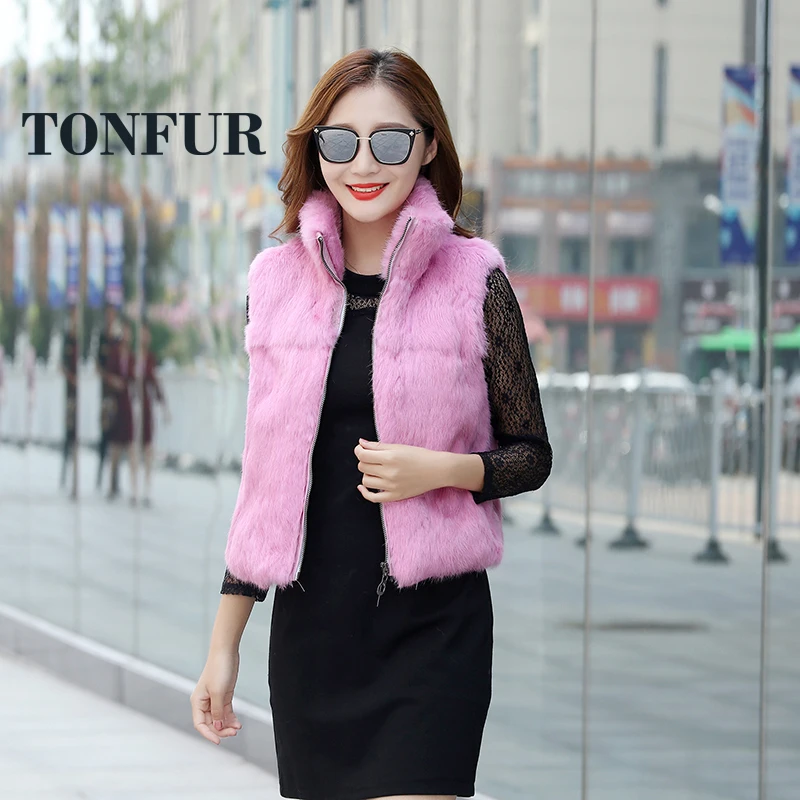 Новинка 2019 жилет на молнии с воротником мандарин и натуральным кроличьим мехом