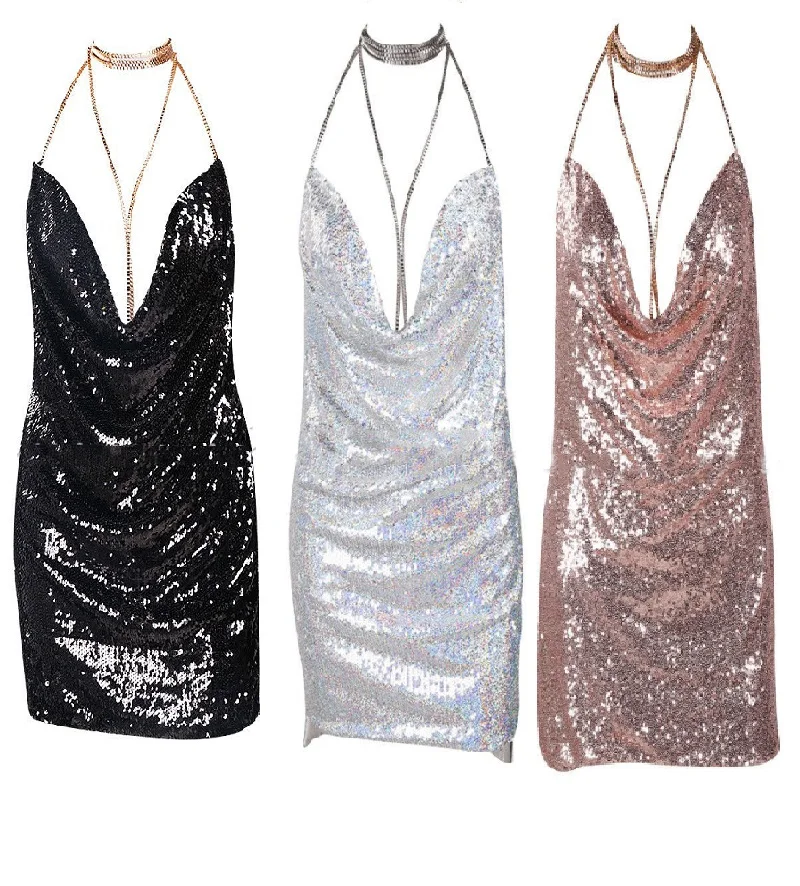 Женское блестящее сексуальное платье с глубоким V образным вырезом и открытой