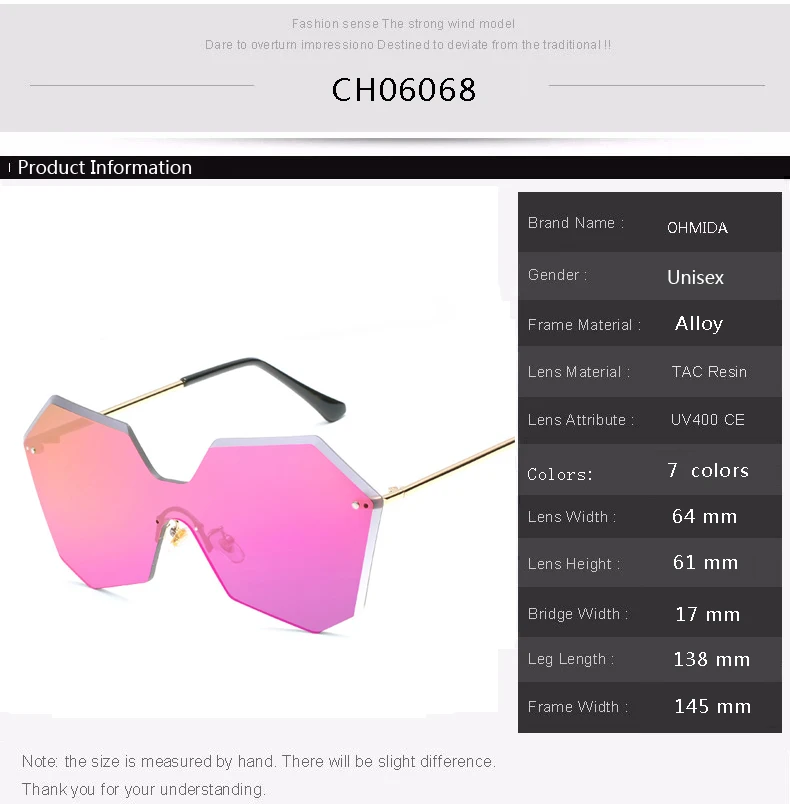 

OHMIDA Oversized Rimless Sunglasses Women Vintage Mirror Sun Glasses UV400 Luxury Brand Pink Driver lunettes de soleil homme