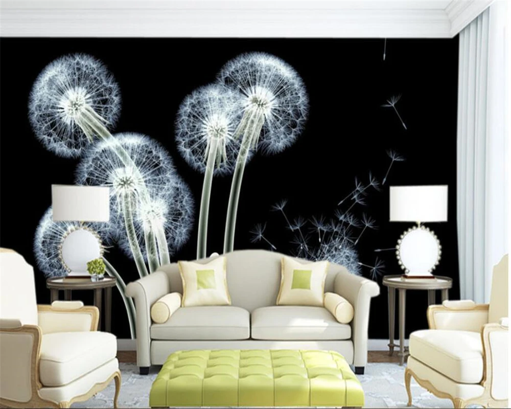 

Custom Wall Mural Wallpaper Black dandelion Transparent flowers modern fashion personality background wall wallpaper Beibehang