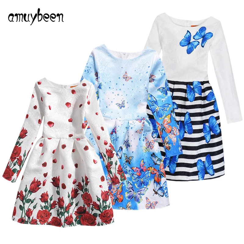 Amuybeen 2018 New Girl Clothing Print Dress Long Sleeve Princess Floral Baby Girls Dresses Party Children Clothes Vestido 11 12 | Детская