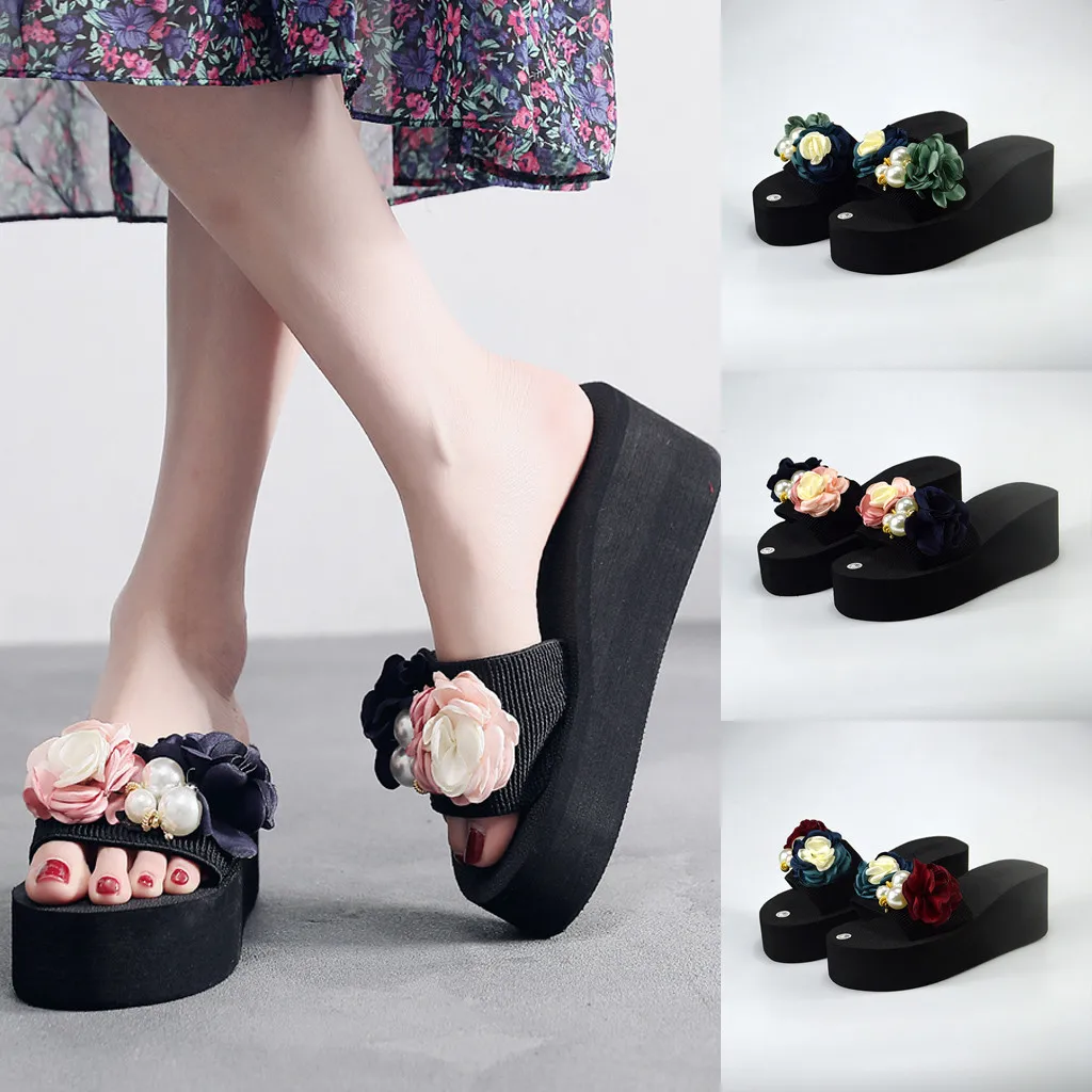 

SAGACE Womens Slippers Fashion High Heels Flip Flops 2019 new summer Bohemia Flower Beach Platform Sandals Wedges Shoes woman #3