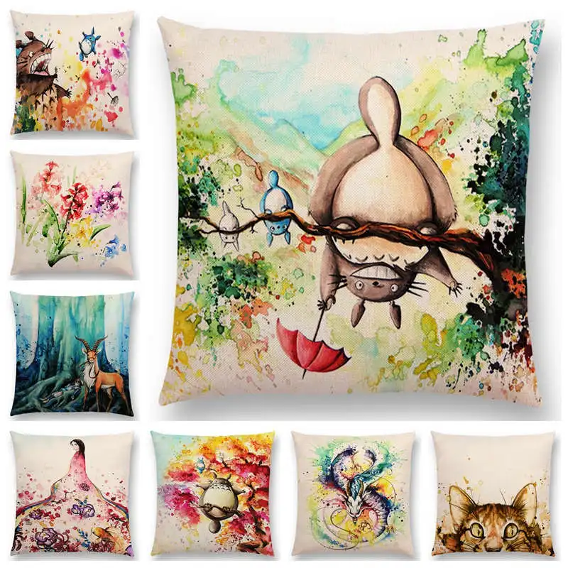 

Newest Hayao Miyazaki Works Pillowcase Watercolor Totoro Howl's Moving Castle Spirited Away Castle In The Sky Cushion Cover