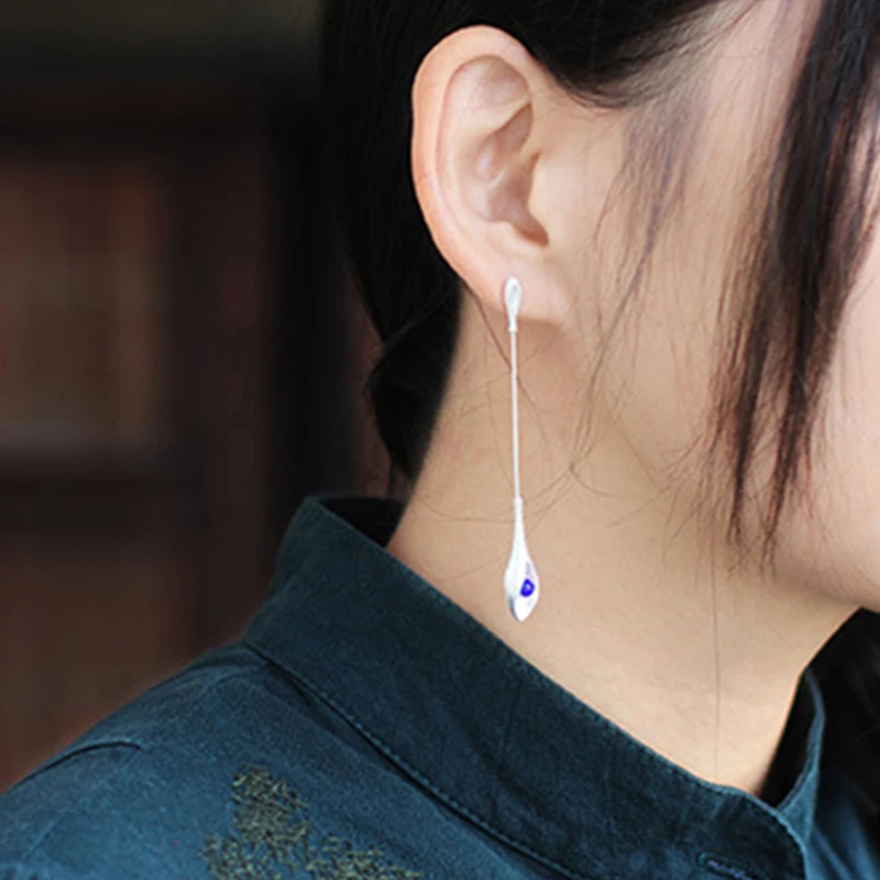 Женские длинные висячие серьги Lotus Fun винтажные элегантные из стерлингового