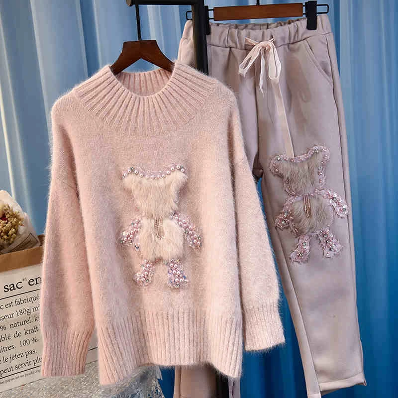 Женский осенне зимний комплект из 2 предметов вязаный свитер с блестками и