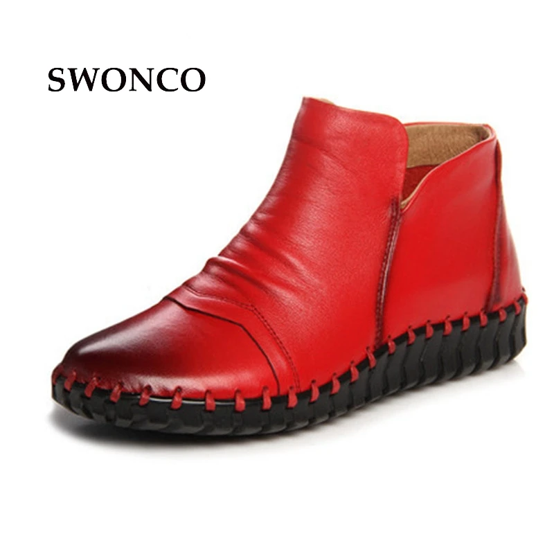 

SWONCO Genuine Leather Boots Ankle Shoes Women Autumn 2019 Female Causal Shoes Black Sneakers High Top Autumn Boots Women Retro